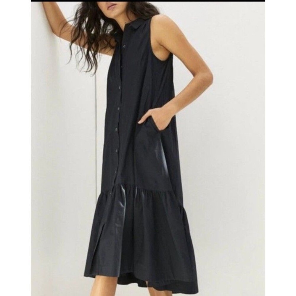 Maeve Anthropologie Paola Flounced Midi Dress Navy Size Medium Career Preppy